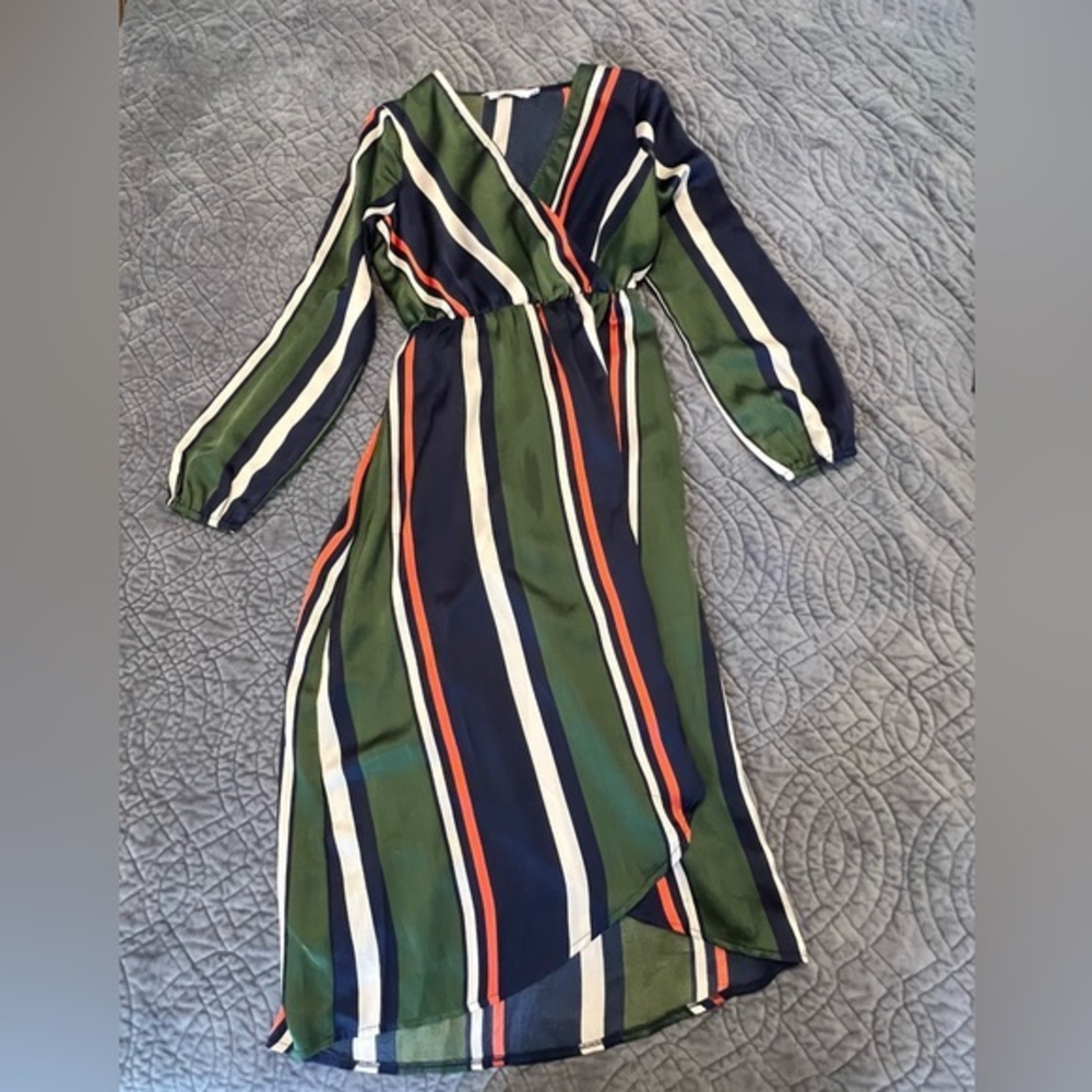 Arc n Co Stripped‎ Dress Green/Blue/Orange Size Small Faux Wrap